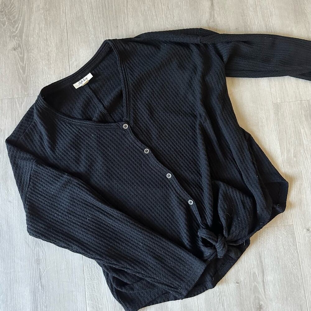 Style & Co Womens Waffle Knit Tie Front Top Size Medium Black Button Down
